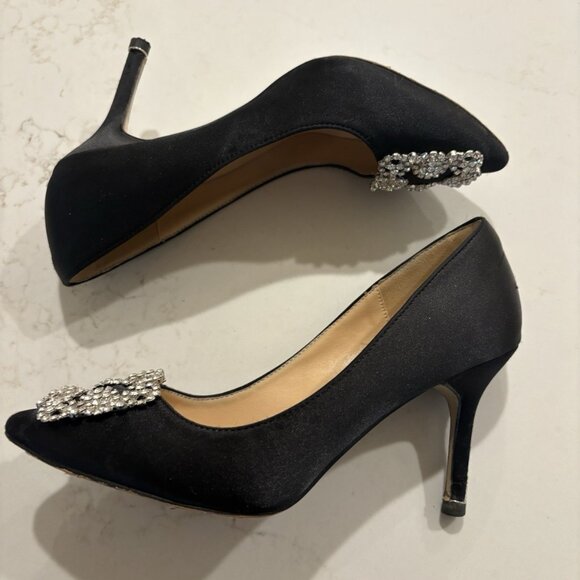 Manolo Blahnik HANGISI Black Satin Jewel Buckle Pumps Heels - Picture 9 of 16